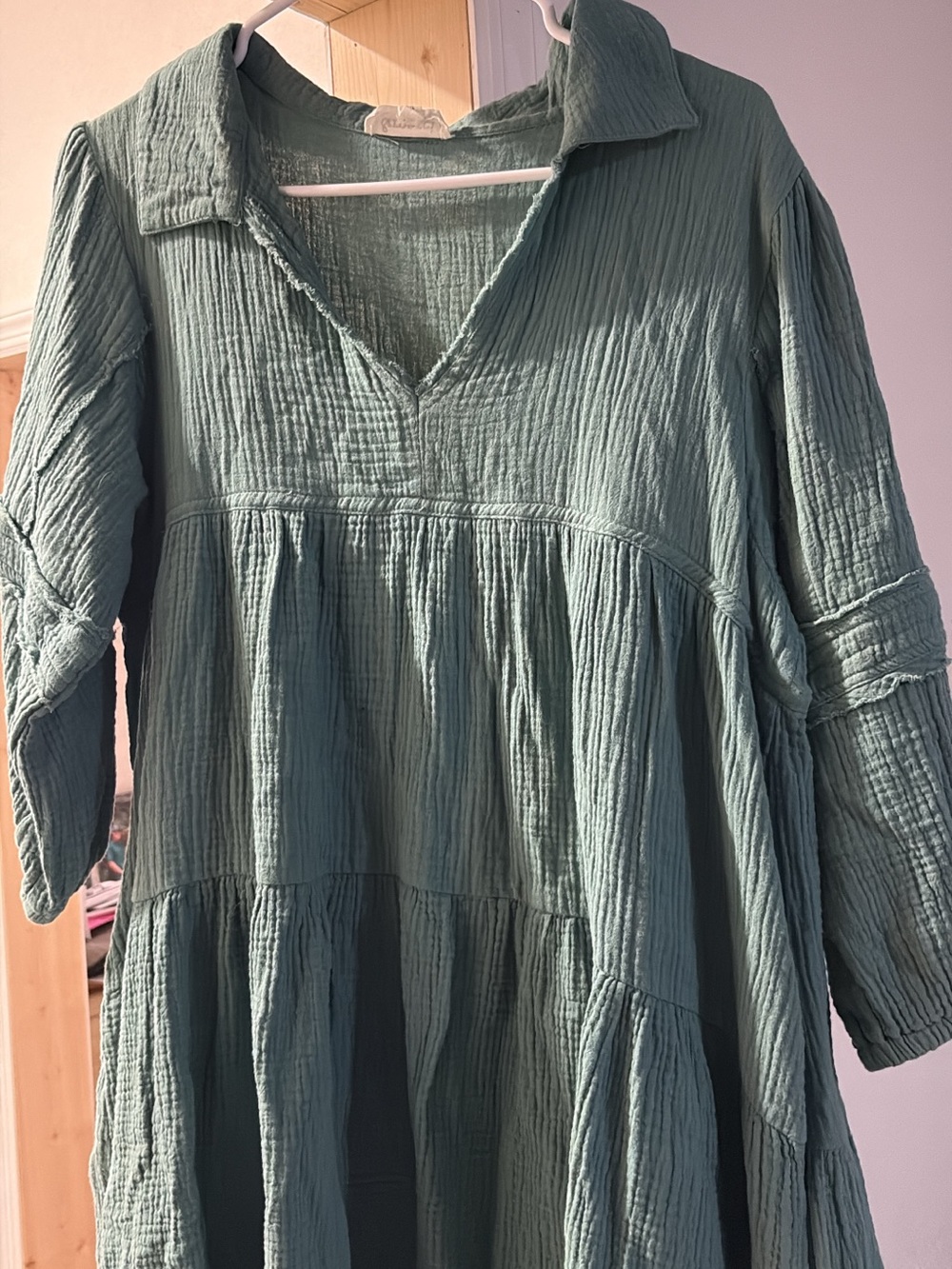 Relaxed Sage Green Cotton Gauze Tunic Top - Women